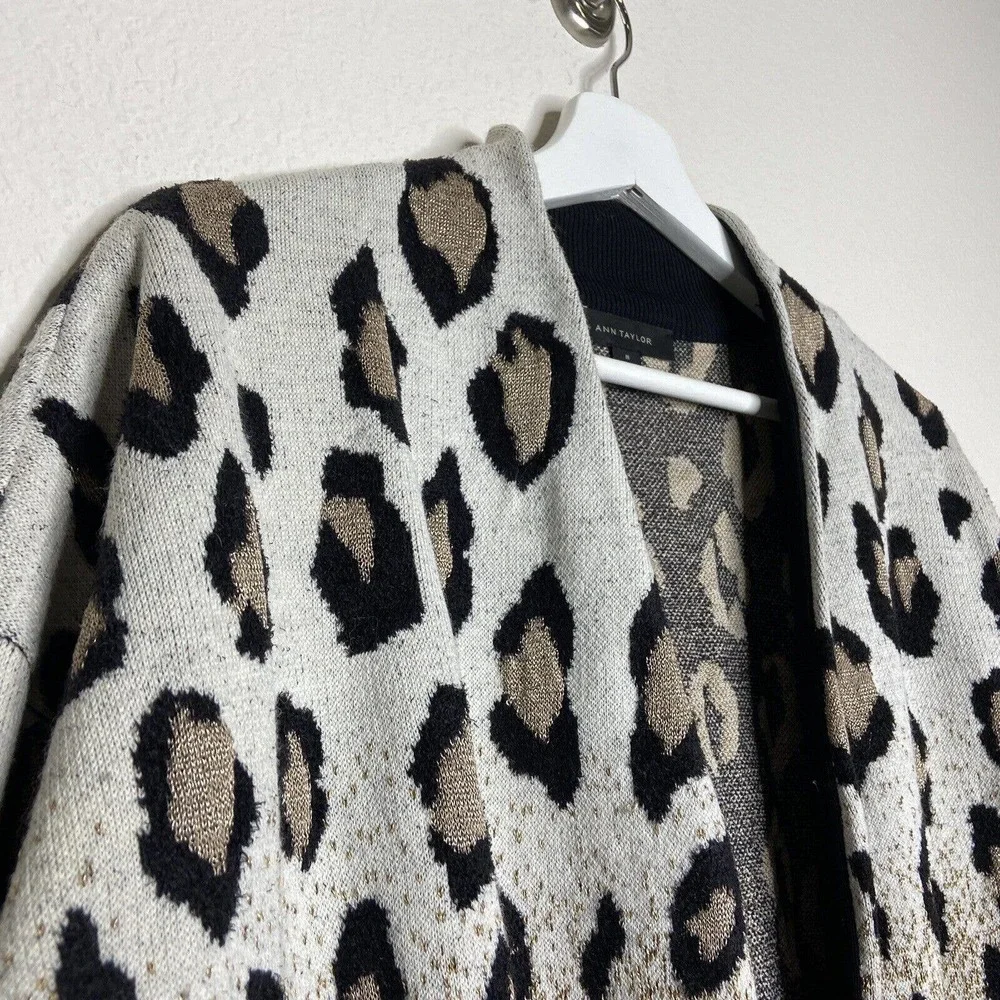 Ann Taylor Ombre Leopard Animal Print Pocketed Gold Metallic Cardigan Sz M - Picture 2 of 10